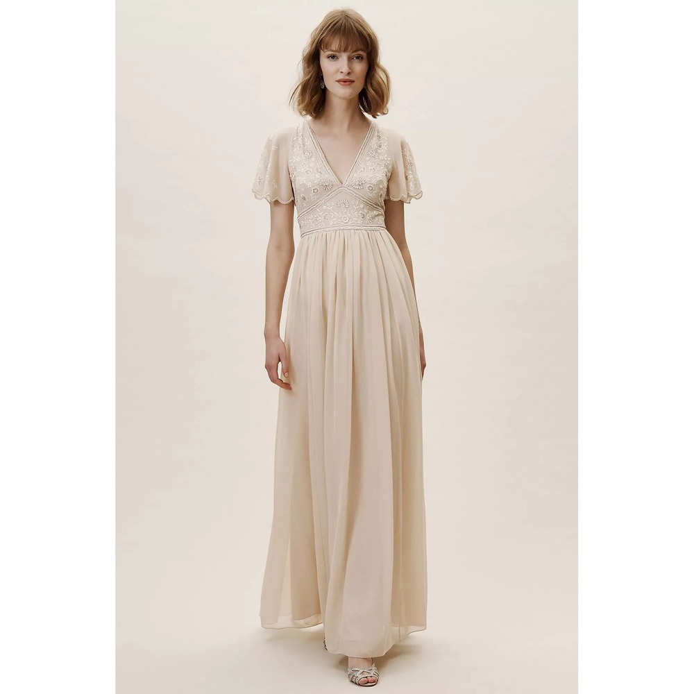 BHLDN Fresna Dress Blush Pink Embroidered Sequin Flutter Sleeve Maxi Gown Size 6